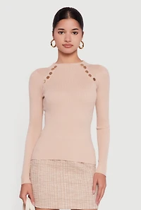 Metallic Button Detail Rib Knit High Neck Sweater