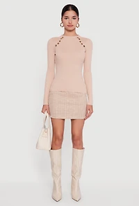 Womens Metallic Button Detail Rib Knit High Neck Sweater, Beige,