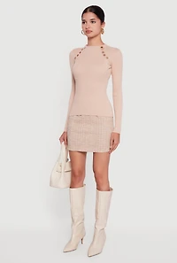 Metallic Button Detail Rib Knit High Neck Sweater