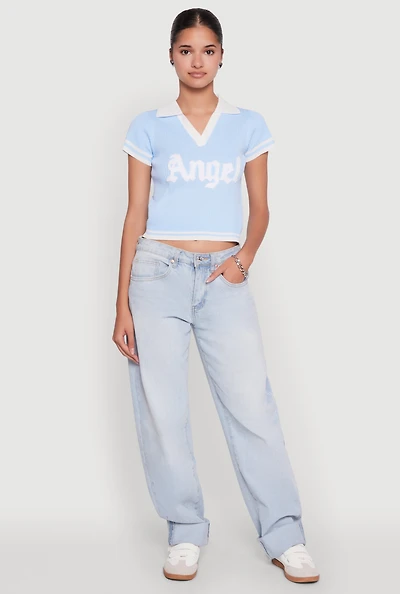 Womens Angel Graphic Varsity Stripe Polo Shirt, Blue, Size L