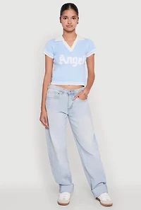 Womens Angel Graphic Varsity Stripe Polo Shirt, Blue,