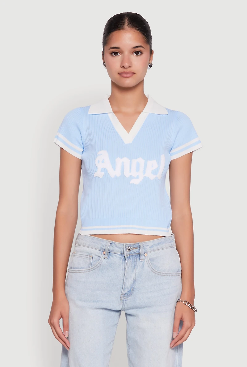 Womens Angel Graphic Varsity Stripe Polo Shirt, Blue,