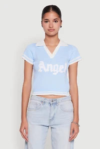 Womens Angel Graphic Varsity Stripe Polo Shirt, Blue,