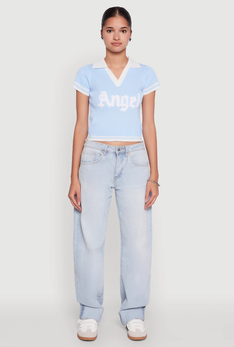 Womens Angel Graphic Varsity Stripe Polo Shirt, Blue,