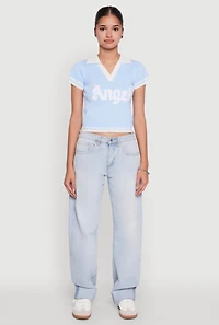 Womens Angel Graphic Varsity Stripe Polo Shirt, Blue,