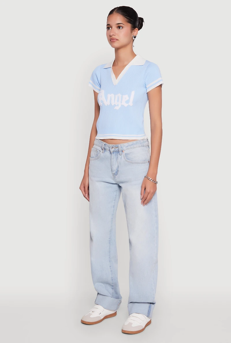 Womens Angel Graphic Varsity Stripe Polo Shirt, Blue, Size S