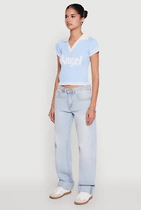 Womens Angel Graphic Varsity Stripe Polo Shirt, Blue, Size S