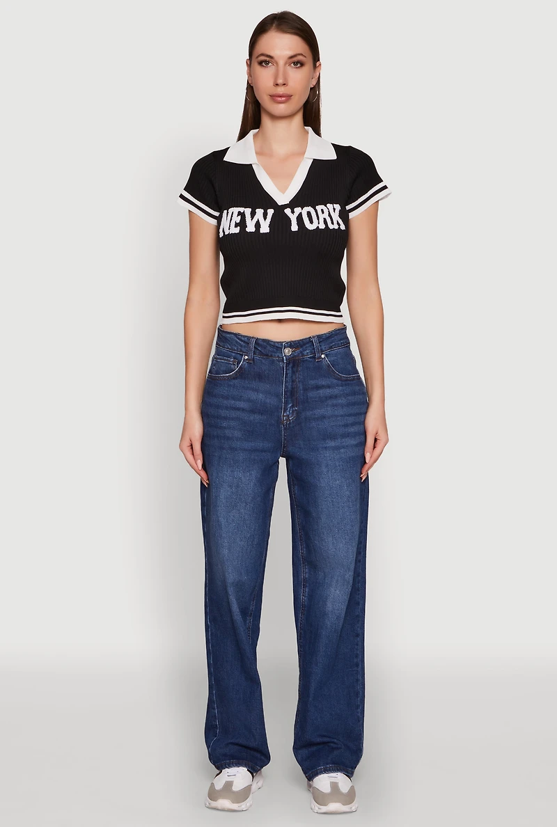 Womens Ribbed Knit Varsity Stripe New York Cropped Polo Top, Black, Size M