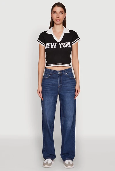 Womens Ribbed Knit Varsity Stripe New York Cropped Polo Top, Black, Size M