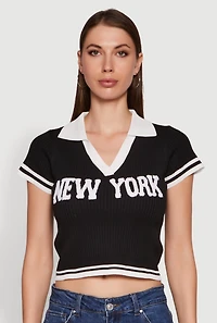 Womens Ribbed Knit Varsity Stripe New York Cropped Polo Top, Black, Size S