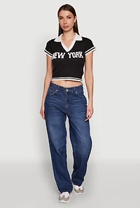 Womens Ribbed Knit Varsity Stripe New York Cropped Polo Top, Black, Size L