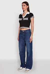 Womens Ribbed Knit Varsity Stripe New York Cropped Polo Top, Black, Size S