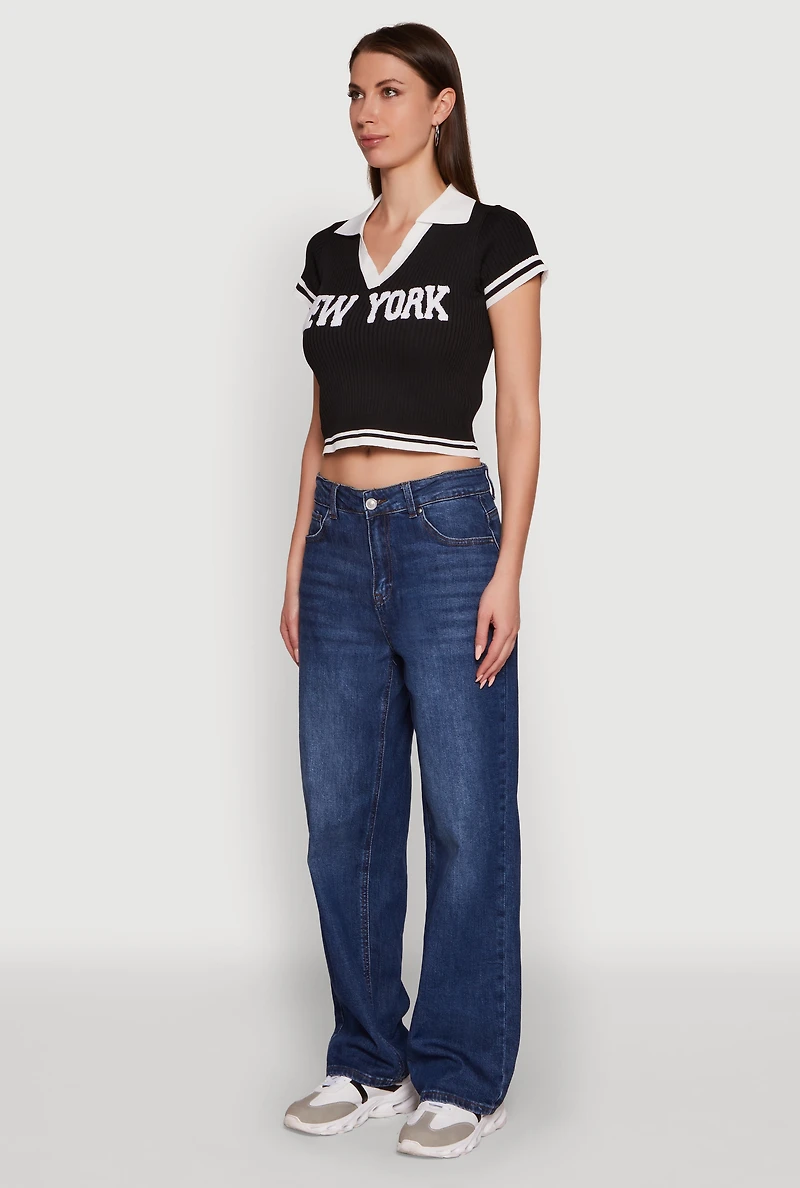 Womens Ribbed Knit Varsity Stripe New York Cropped Polo Top, Black, Size L