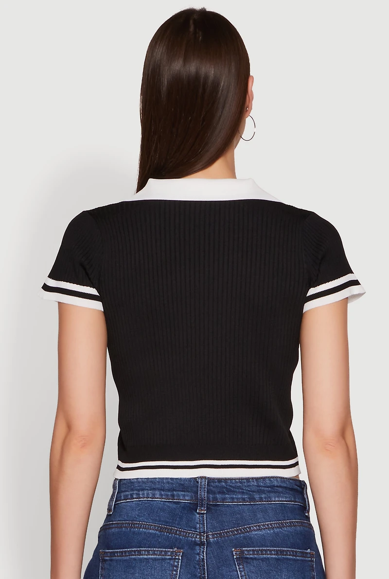 Womens Ribbed Knit Varsity Stripe New York Cropped Polo Top, Black,