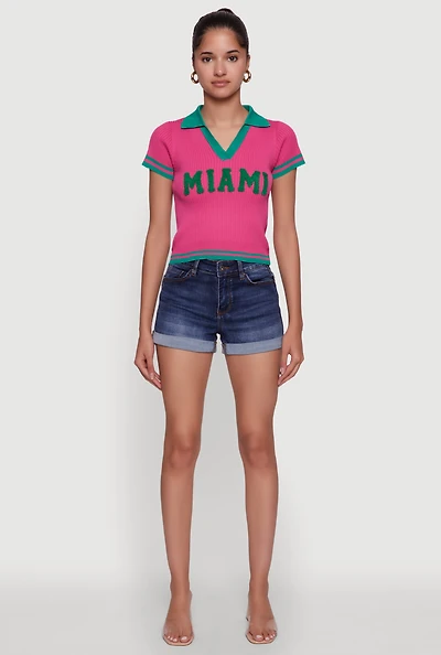 Womens Miami Graphic Varsity Stripe Polo Shirt, Pink, Size L
