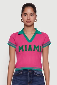 Womens Miami Graphic Varsity Stripe Polo Shirt, Pink, Size L