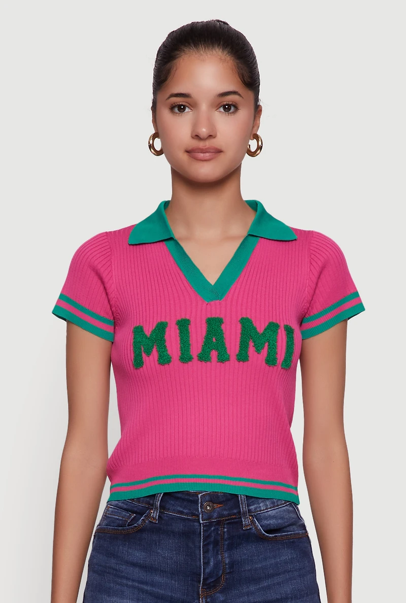 Womens Miami Graphic Varsity Stripe Polo Shirt, Pink, Size XL