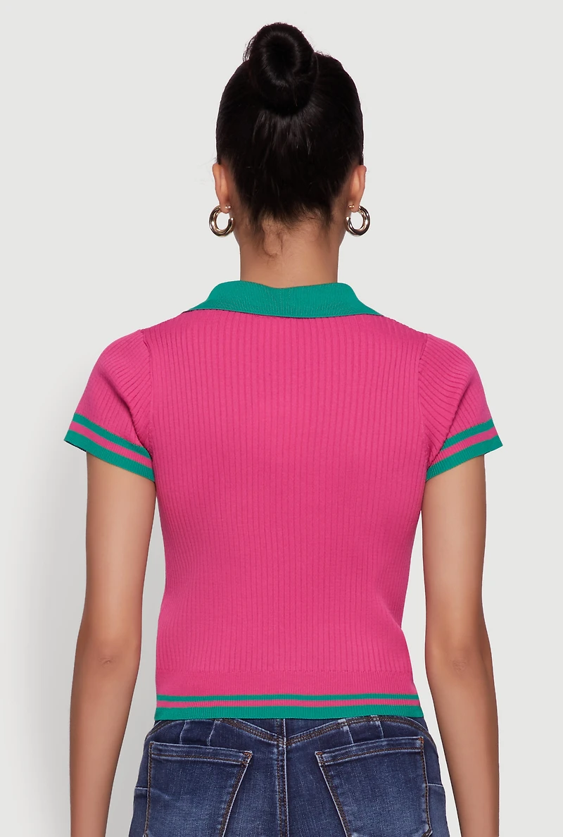 Womens Miami Graphic Varsity Stripe Polo Shirt, Pink, Size XL