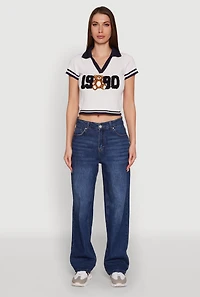 Womens Varsity Striped Embroidered 1990 Bear Graphic Polo Shirt, White, Size M