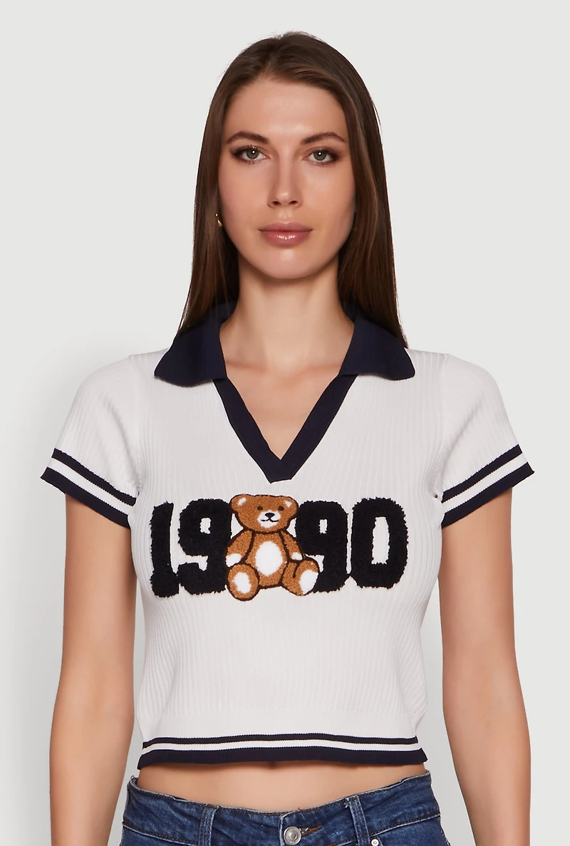 Womens Varsity Striped Embroidered 1990 Bear Graphic Polo Shirt, White, Size M
