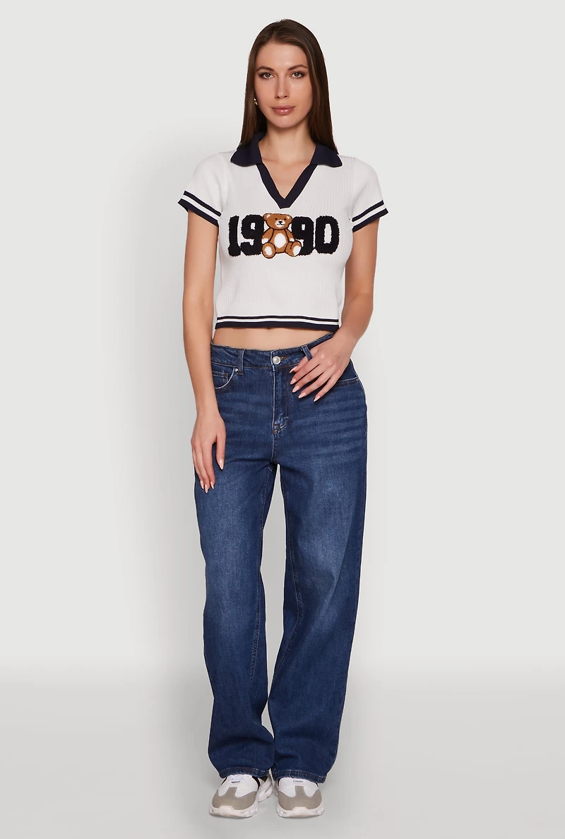 Womens Varsity Striped Embroidered 1990 Bear Graphic Polo Shirt, White, Size M
