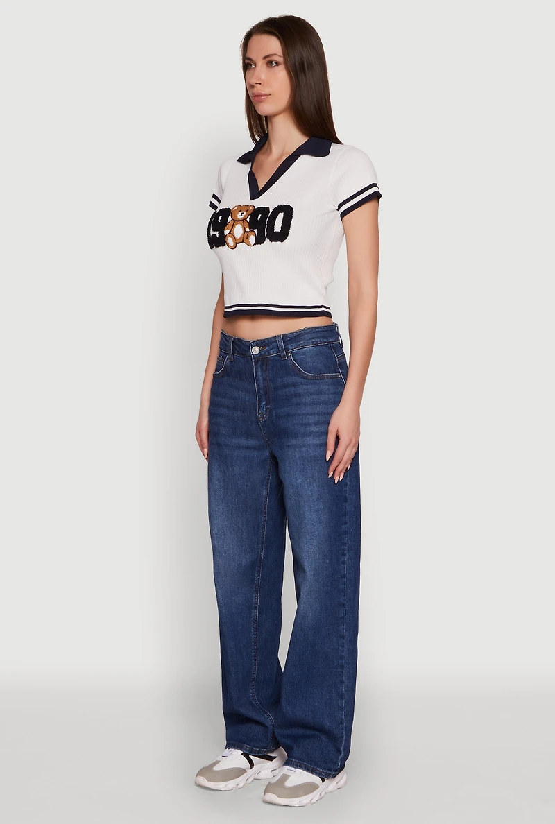 Womens Varsity Striped Embroidered 1990 Bear Graphic Polo Shirt, White, Size M