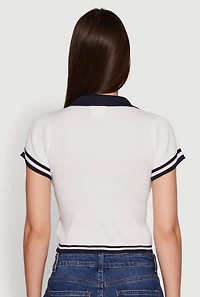 Womens Varsity Striped Embroidered 1990 Bear Graphic Polo Shirt, White, Size M