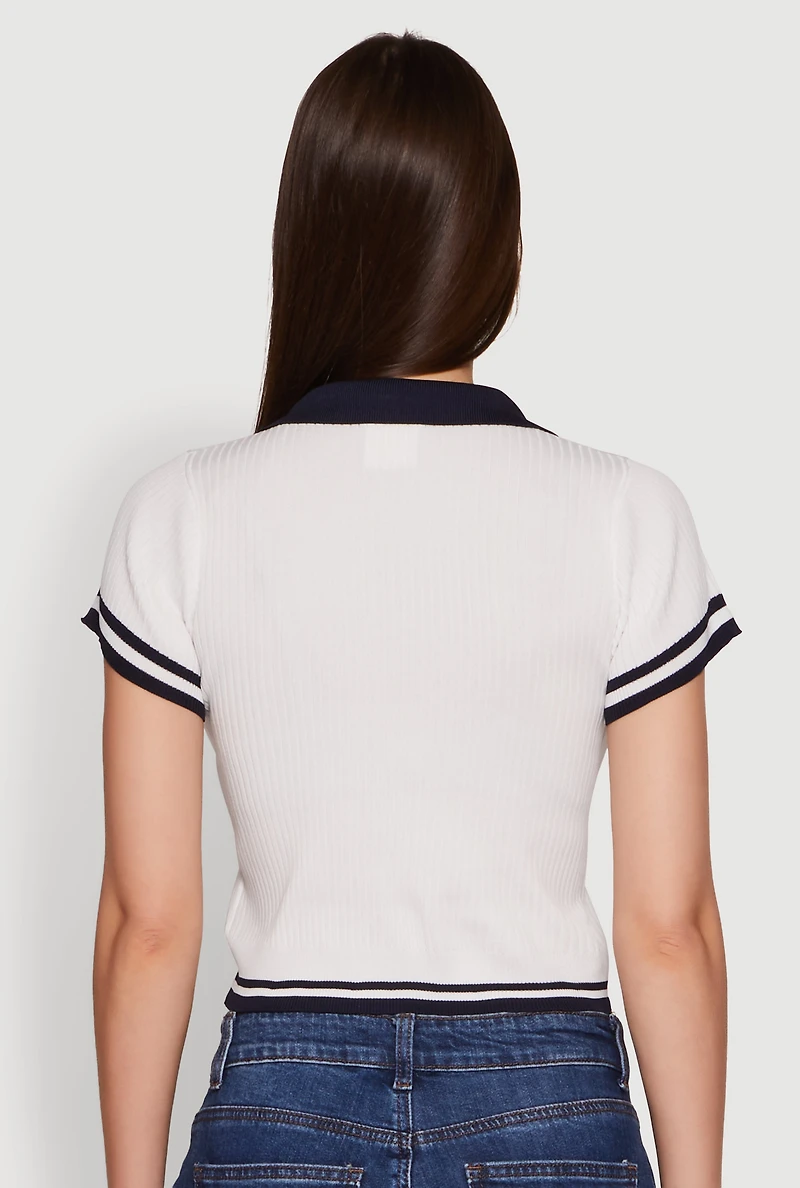 Womens Varsity Striped Embroidered 1990 Bear Graphic Polo Shirt, White,