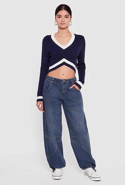 Contrast Trim Cable Knit Cropped Sweater