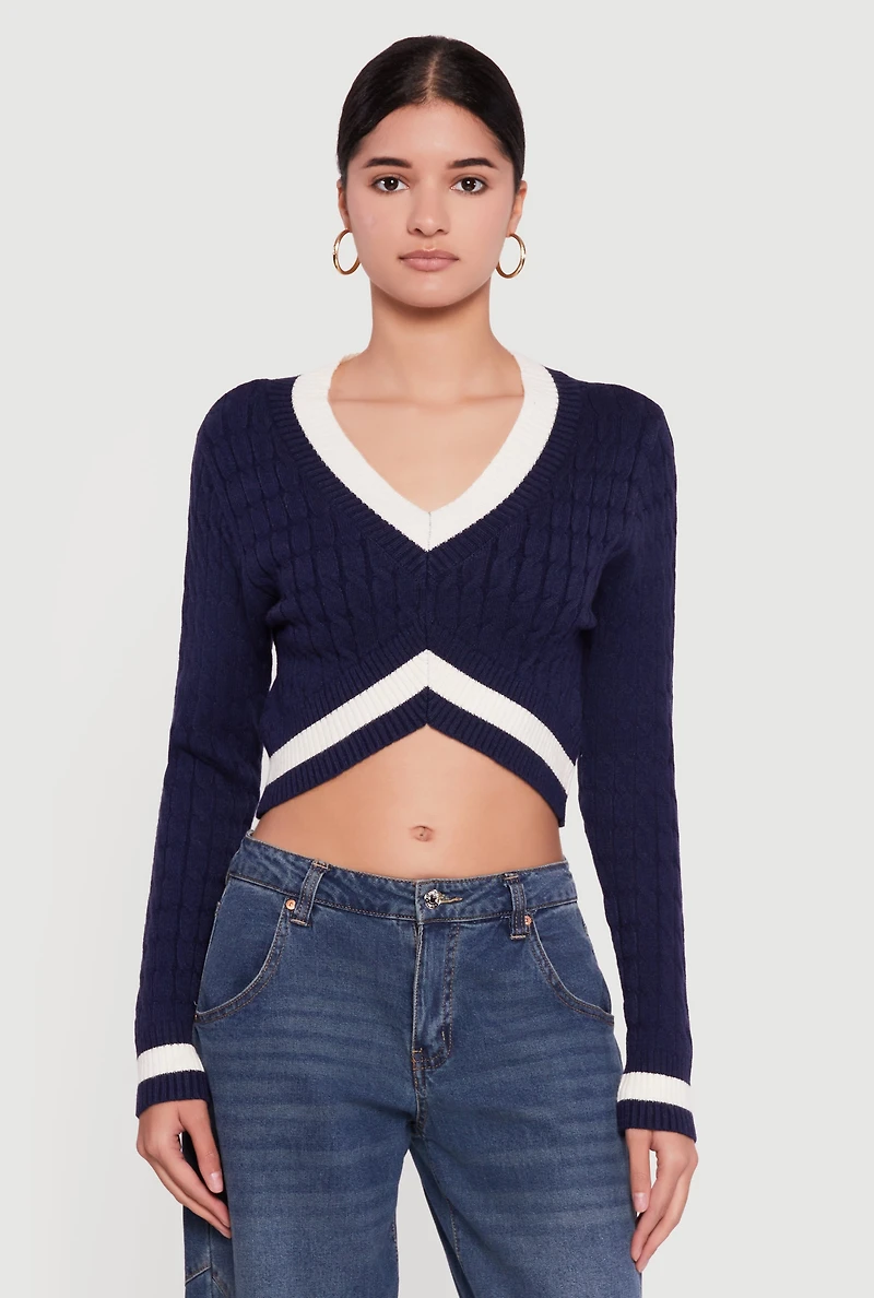 Contrast Trim Cable Knit Cropped Sweater