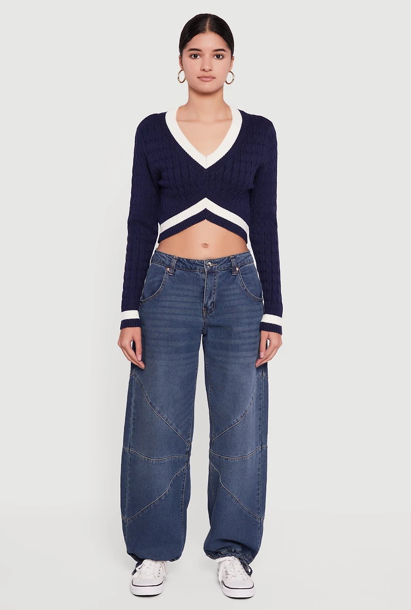 Contrast Trim Cable Knit Cropped Sweater