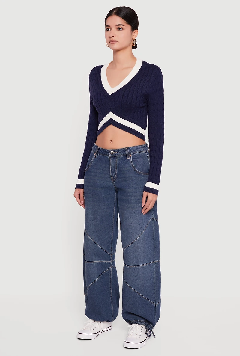 Contrast Trim Cable Knit Cropped Sweater