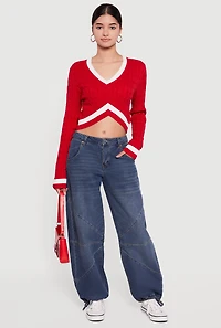 Womens Contrast Trim Cable Knit Cropped Sweater, Red, Size M