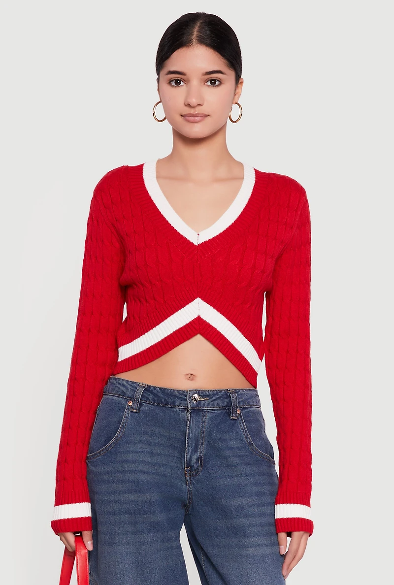 Womens Contrast Trim Cable Knit Cropped Sweater, Red, Size M