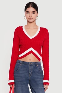 Womens Contrast Trim Cable Knit Cropped Sweater, Red, Size M