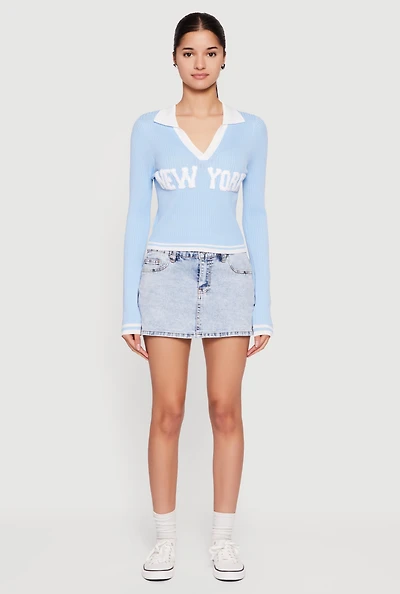 Chenille New York Patch Graphic Varsity Stripe Sweater