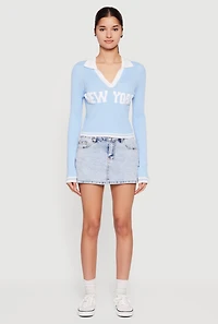 Chenille New York Patch Graphic Varsity Stripe Sweater