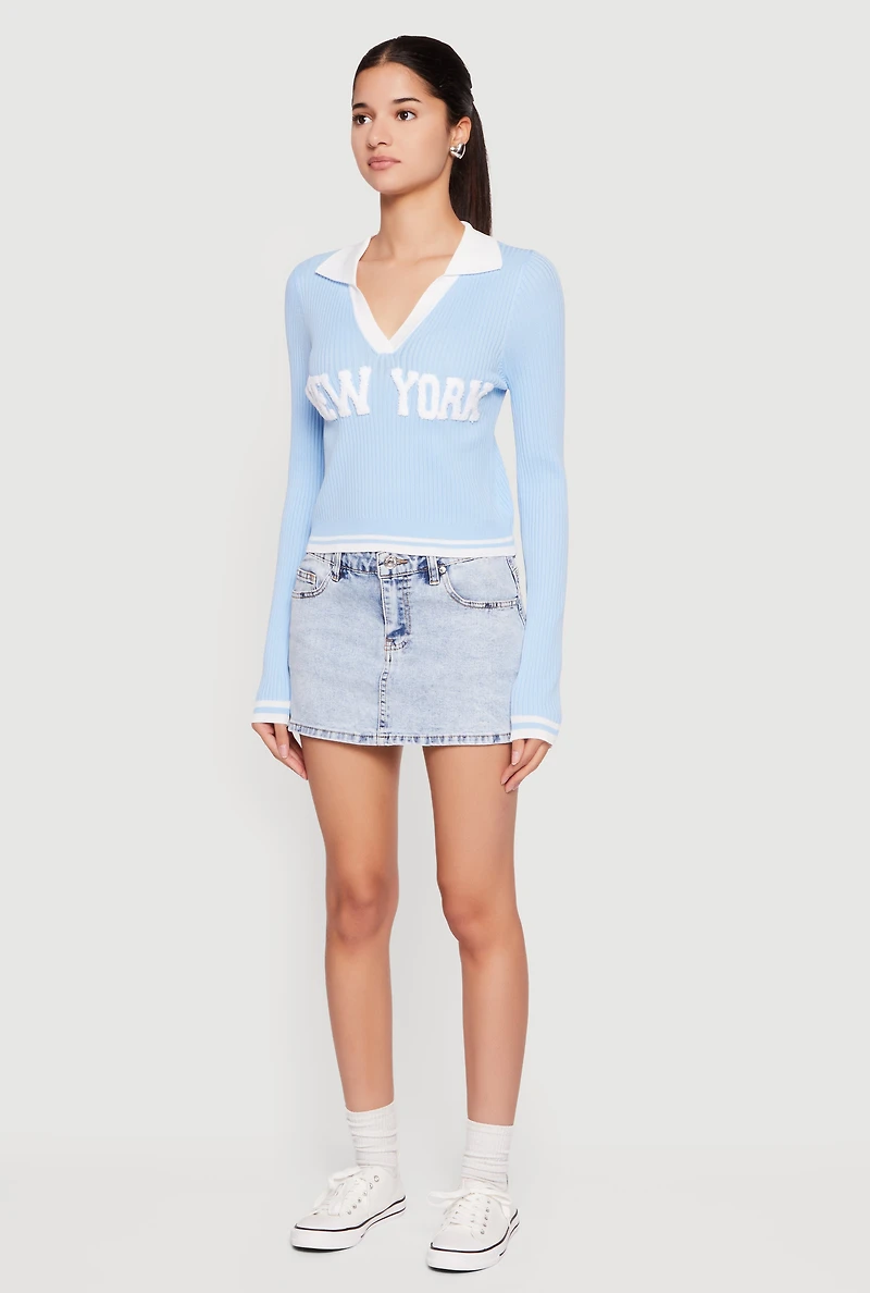 Chenille New York Patch Graphic Varsity Stripe Sweater