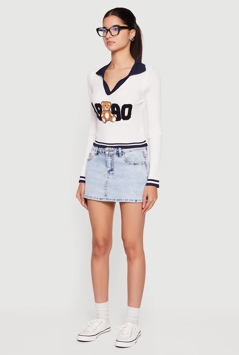 Chenille 1990 Bear Patch Graphic Varsity Stripe Sweater