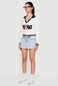 Chenille 1990 Bear Patch Graphic Varsity Stripe Sweater