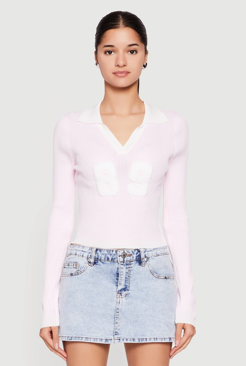 Chenille 89 Patch Graphic Varsity Stripe Sweater