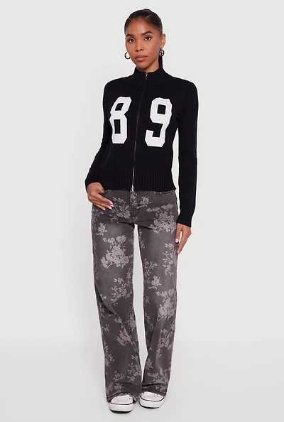 89 Graphic Mock Neck Zip Front Sweater