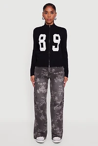 89 Graphic Mock Neck Zip Front Sweater