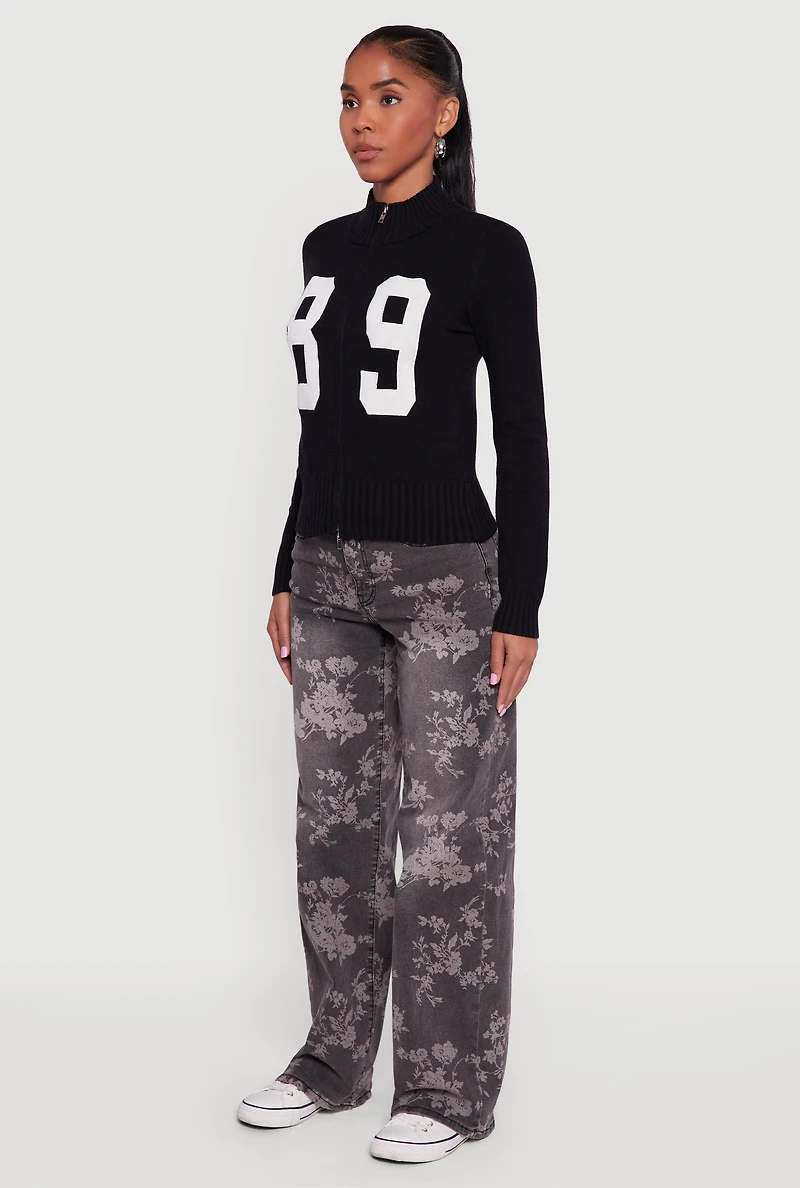 89 Graphic Mock Neck Zip Front Sweater