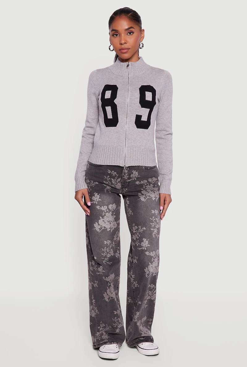 Womens 89 Graphic Mock Neck Zip Front Cardigan, Grey, Size S