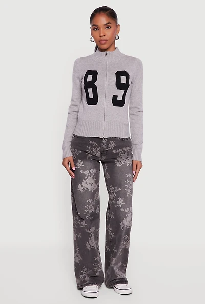 Womens 89 Graphic Mock Neck Zip Front Cardigan, Grey, Size S