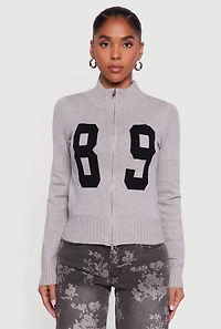 89 Graphic Mock Neck Zip Front Sweater