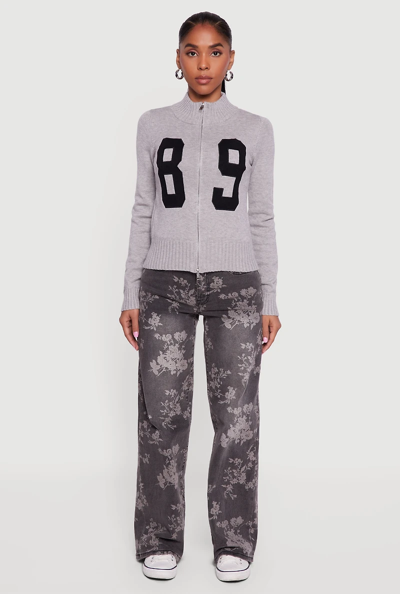 89 Graphic Mock Neck Zip Front Sweater