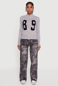 89 Graphic Mock Neck Zip Front Sweater