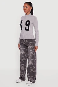 Womens 89 Graphic Mock Neck Zip Front Cardigan, Grey, Size S